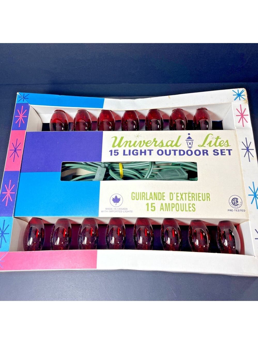 Vtg. Universal Lites Red Christmas Lights 15 Outdoor Set Length 18’ CA RD-1967
